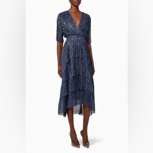 MAJE Stretch lurex ruffled dress in dark blue